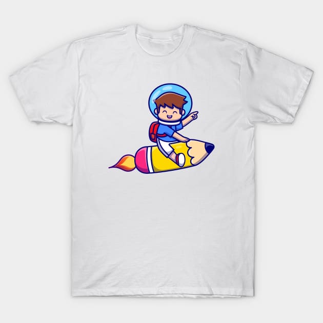 Cute Boy Flying With Pencil Rocket T-Shirt by Catalyst Labs